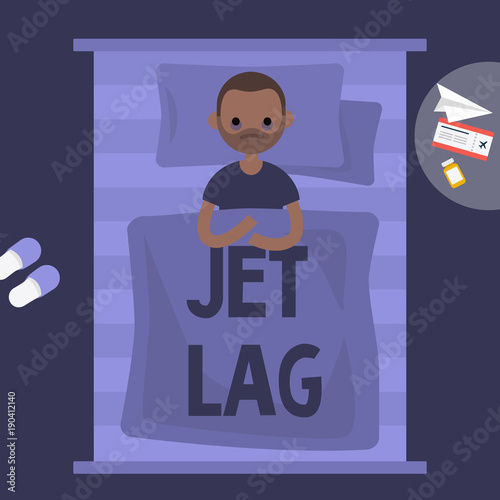 Insomnia. Jet Lag. Young exhausted african american character lying in the bed. Flat editable vector illustration, clip art