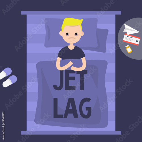 Insomnia. Jet Lag. Young exhausted character lying in the bed. Flat editable vector illustration, clip art