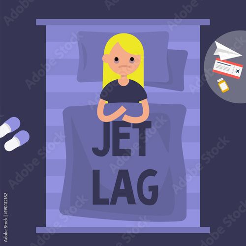 Young exhausted female character lying in the bed