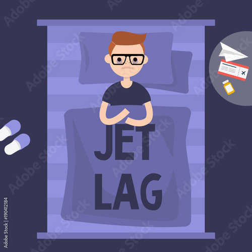 Insomnia. Jet Lag. Young exhausted character lying in the bed. Flat editable vector illustration, clip art