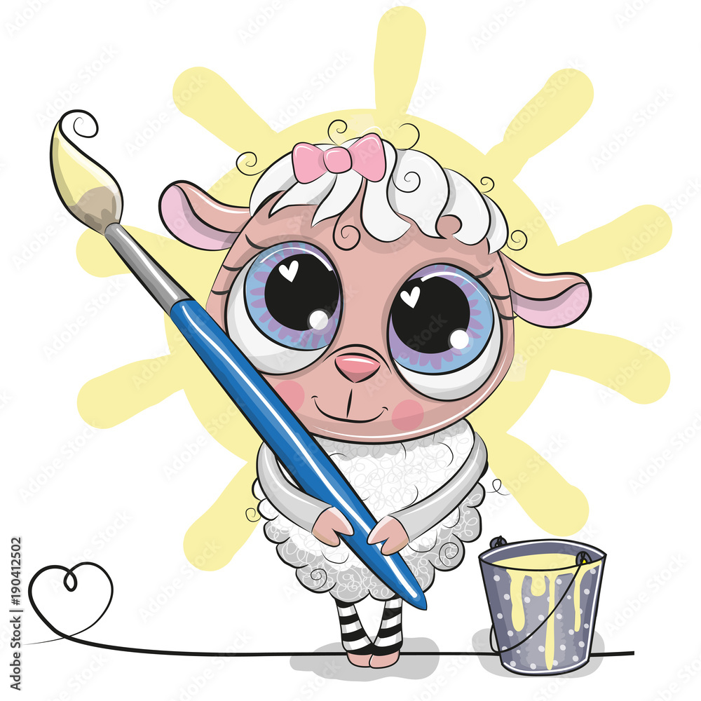 Obraz premium Cute Sheep with brush is drawing a sun