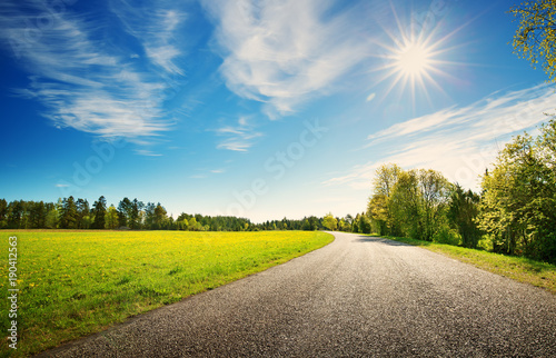 Fototapeta Naklejka Na Ścianę i Meble -  asphalt road panorama in countryside on sunny spring day.. Route in beautiful nature landscape with sun, blue sky, green grass and dandelions