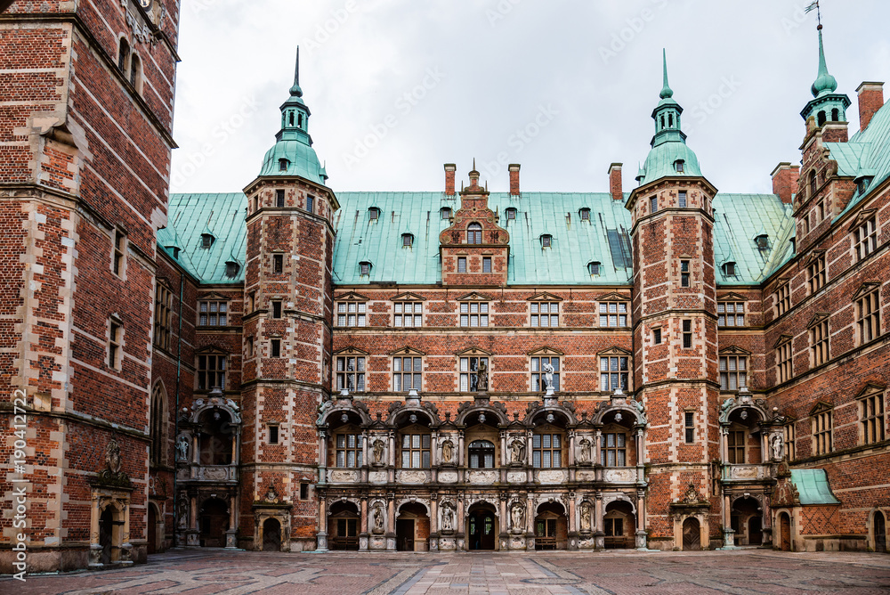 Hillerod, Denmark - September, 23th, 2015. Frederiksborg palace inner yard. Renaissance kings castle near Copenhagen, Denmark.