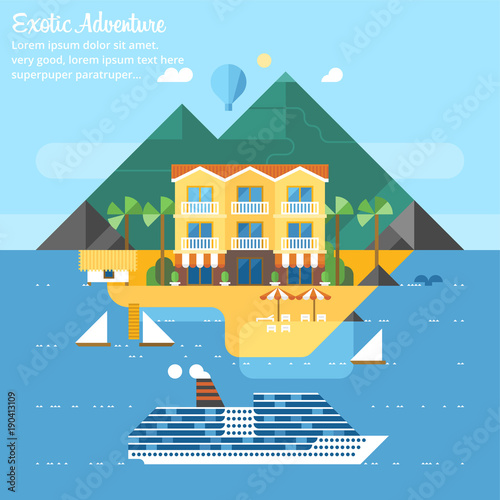 Beach summer landscape. Vacation, relaxation, ocean, sun, palms. Vector flat illustration. Best hotel building on island, best choise. Cruise on liner.