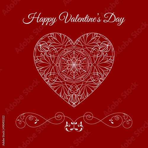 Vector Fretwork Floral Heart Over Red. Happy Valentines Day Holiday