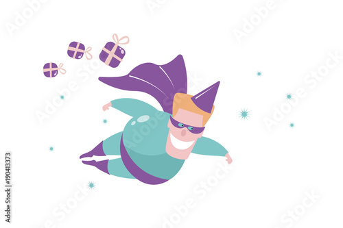 Flying superhero with gifts. Stars. Isolated object.