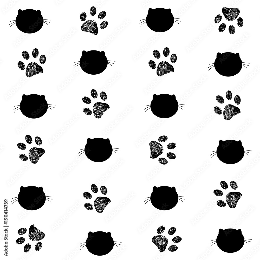 Fototapeta premium Cat and paw prints black white background