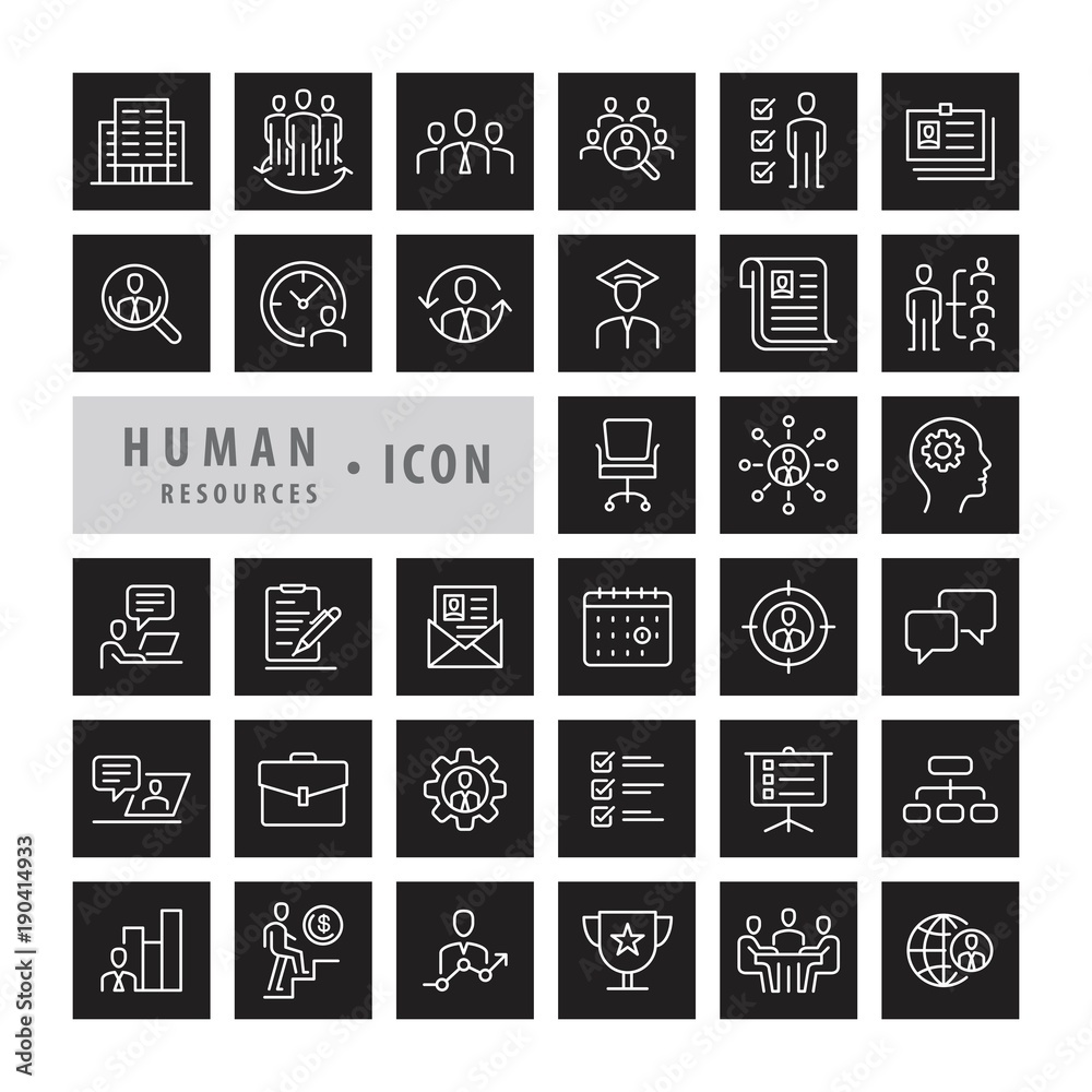 Human Resources icons set, career job and interview objects and elements. Flat line icons modern design style