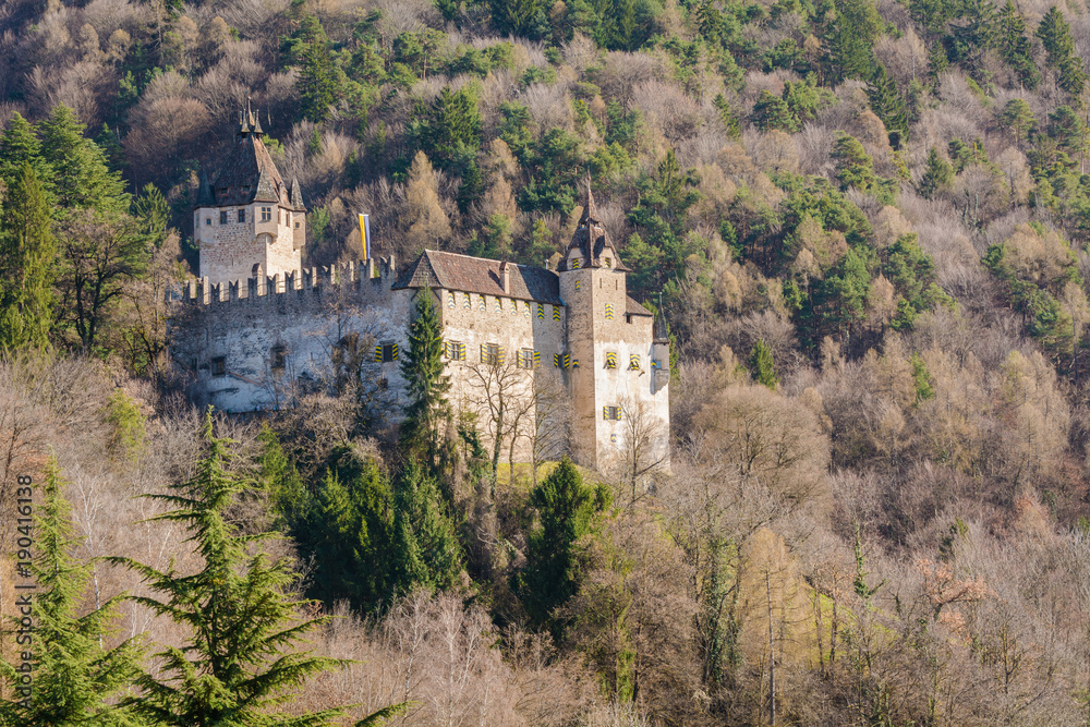 Castle d'Enna (Schloss Enn in german language): panoramic view of the impressive castle localed on a hill above Montagna in South Tyrol, Bolzano, Italy. It was built in the 13th century.
