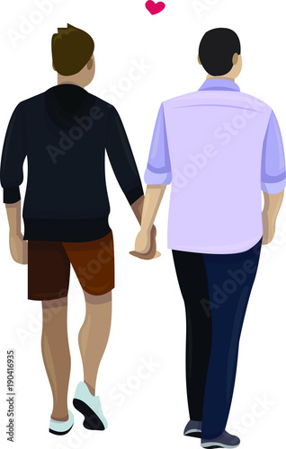 Vector illustration of a cute Valentines day couple, men that are in love, People romantic walking while holding hands, homosexual.