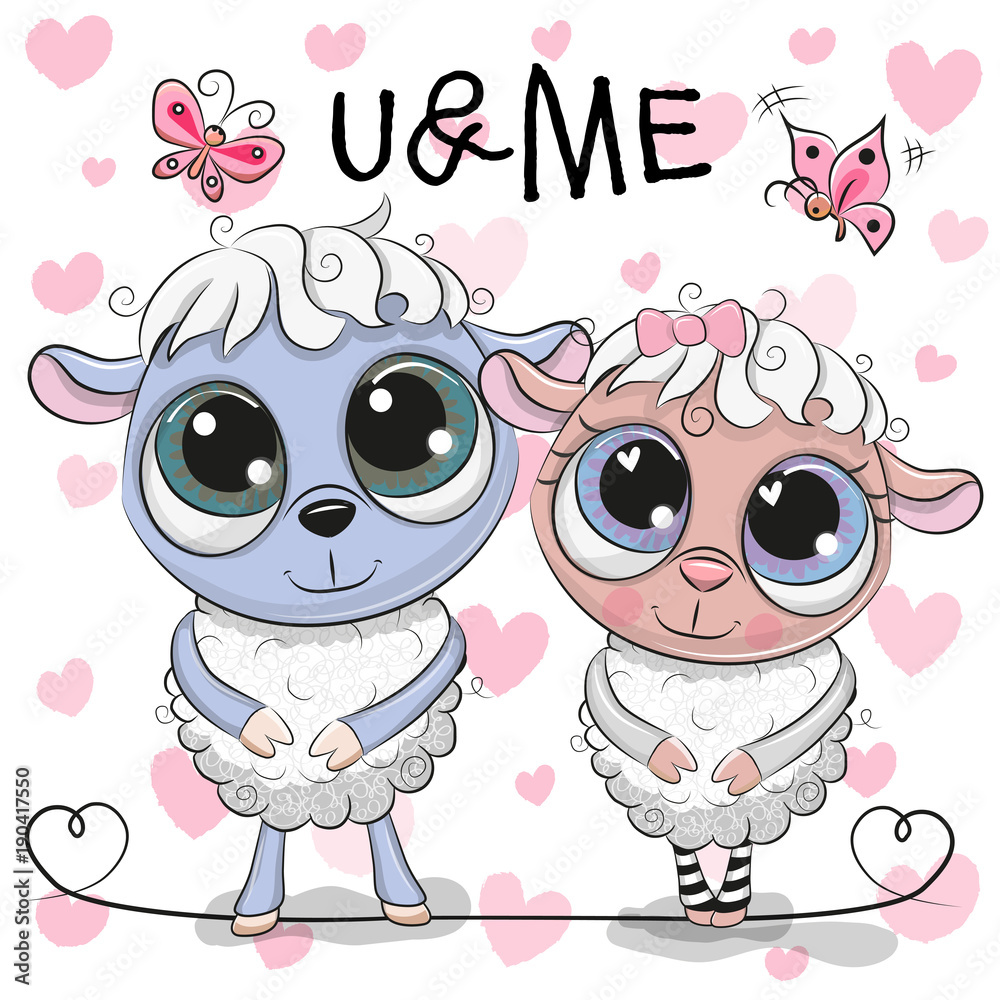 Obraz premium Two Sheep on a hearts background