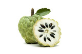 Custard apple or sugar apple with slice and green leaf isolated on white background, exotic tropical Thai annona or cherimoya fruit, healthy food 