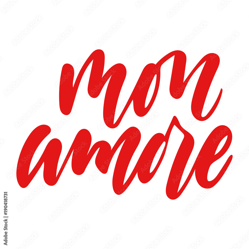 Vector isolated Happy Valentines Day illustration with phrase mon amore. Hand drawn wedding background. Red calligraphy, lettering. For card, print, typography poster, invitation. Vector isolated Happy Valentines Day illustration with phrase mon amore. Hand drawn wedding background. Red calligraphy, lettering. For card, print, typography poster, invitation.