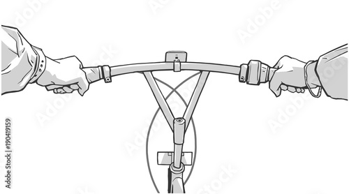 Stylized illustration of person holding bicycle handlebar in black and white