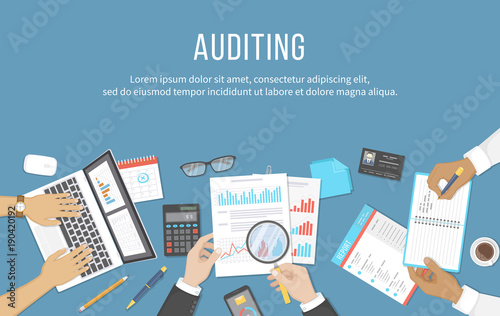 Business meeting, audit,  calculation, data analysis, reporting, accounting. People at the desk at work. Human hands on a table with documents, graphs, charts, notebook, phone, laptop. Vector