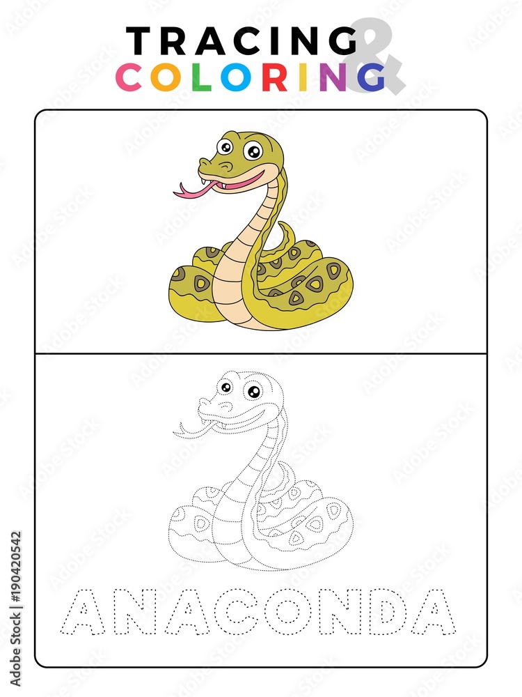 Funny Anaconda Snake Animal Tracing and Coloring Book with Example.  Preschool worksheet for practicing fine motor and color recognition skill.  Vector Cartoon Illustration for Children. Stock Vector | Adobe Stock