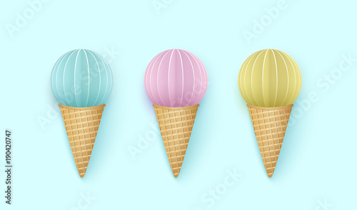 Set of ice cream horns, Punchy Pastels. Isolated 3D Objects for Advertising ice cream, Vacation, Summer time. Paper cut. Vector Illustration