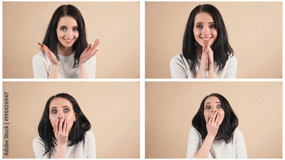 collage of a young beautiful cute brunette on a beige orange background showing different emotions collage of a young beautiful cute brunette on a beige orange background showing different emotions