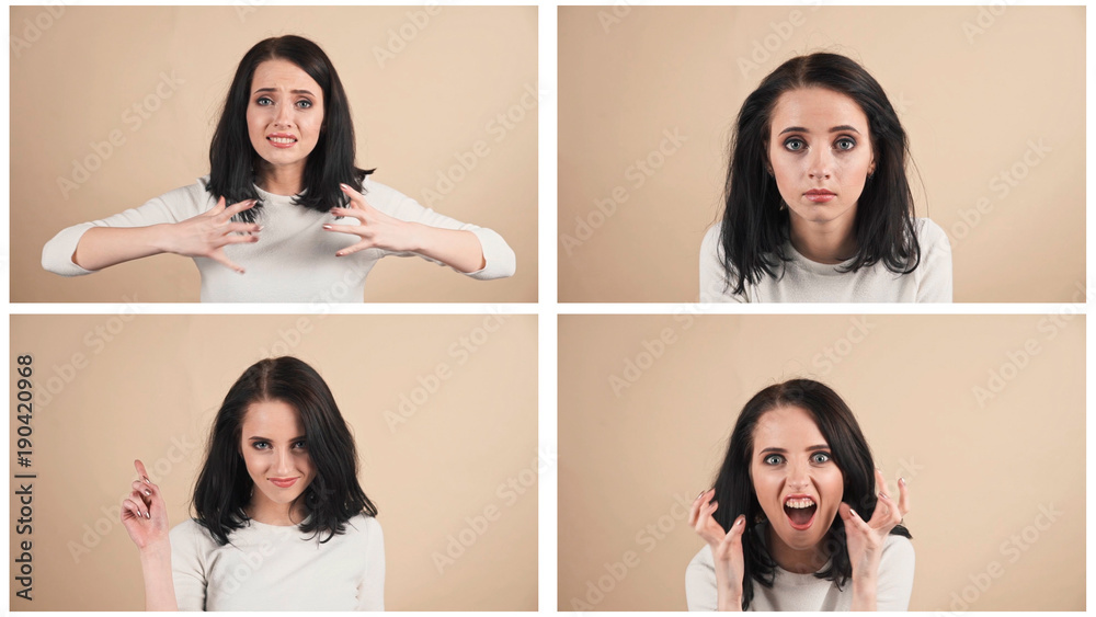  collage of a young beautiful cute brunette on a beige orange background showing different emotions
