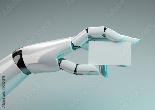 3D illustration. Robo hand holds a business card.