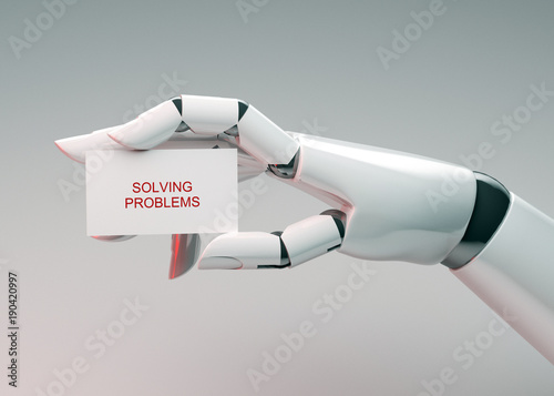 3D illustration. Robo hand holds a business card.