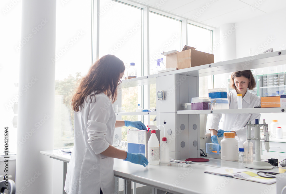 Women standing and working in lab Women standing and working in lab