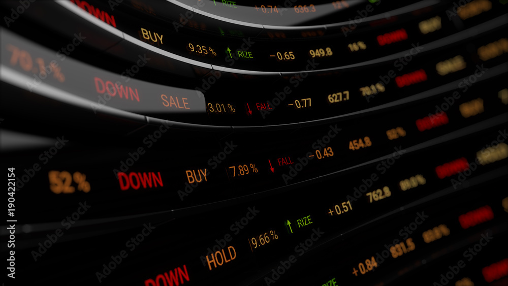3d render abstract financial background. Market shares and percentage show on digital curved .screen. Economic board.. 3d render abstract financial background. Market shares and percentage show on digital curved .screen. Economic board..