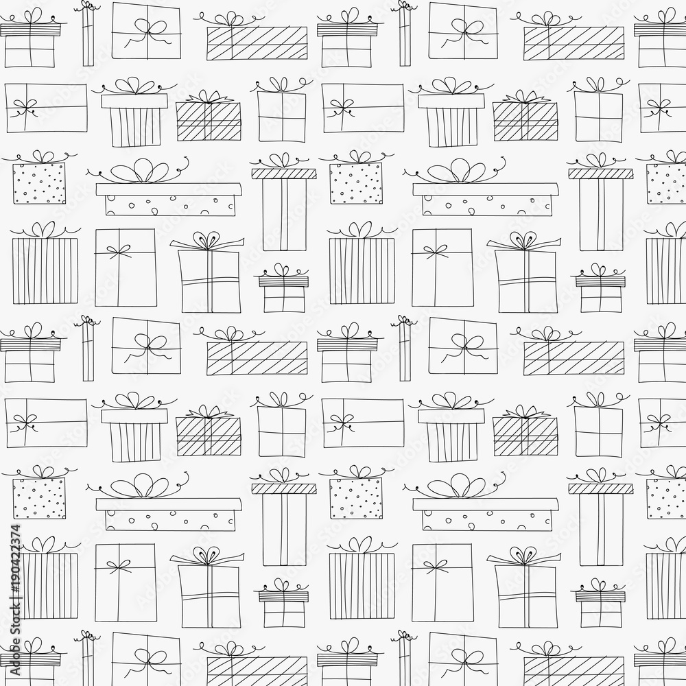 Pattern With Hand Drawn Gift Box. Background Illustrations For  Gift Wrap Design.