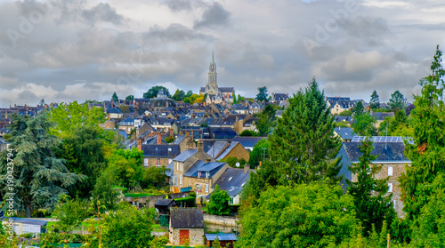 Gorron a rural French village in summer on an overcast day in Mayenne  France