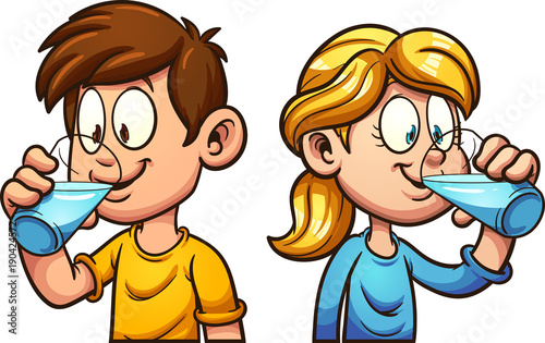 Cute cartoon boy and girl drinking water. Vector clip art illustration with simple gradients. Each on a separate layer. 