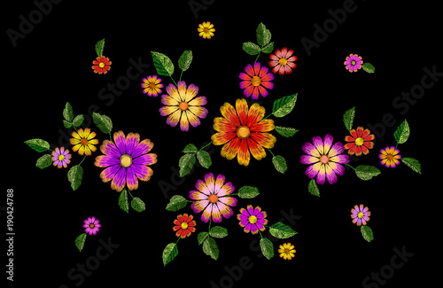 Bright flower embroidery colorful patch. Fashion decoration stitched texture template. Ethnic traditional daisy field plant leaves textile print design vector illustration
