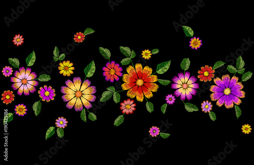 Bright flower embroidery colorful seamless border. Fashion decoration stitched texture template. Ethnic traditional daisy field plant leaves textile print design vector illustration