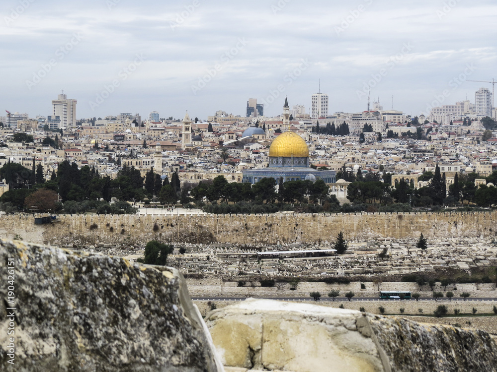 Jerusalem, Israel -  view of The Old City of Jerusalem from the Mount of Olives