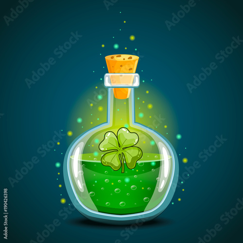 Bottle with clover leaf, magic elixir