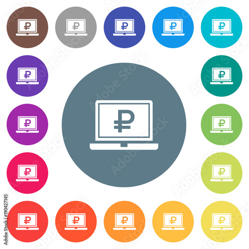 Laptop with Ruble sign flat white icons on round color backgrounds