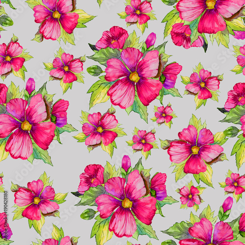 Bright pink malva flowers with green buds and leaves on light grey background. Seamless floral pattern.  Watercolor painting. Hand drawn illustration.