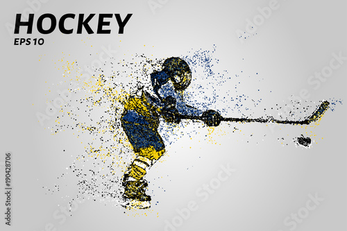 Hockey player in yellow and blue uniform. Hockey from the particles.