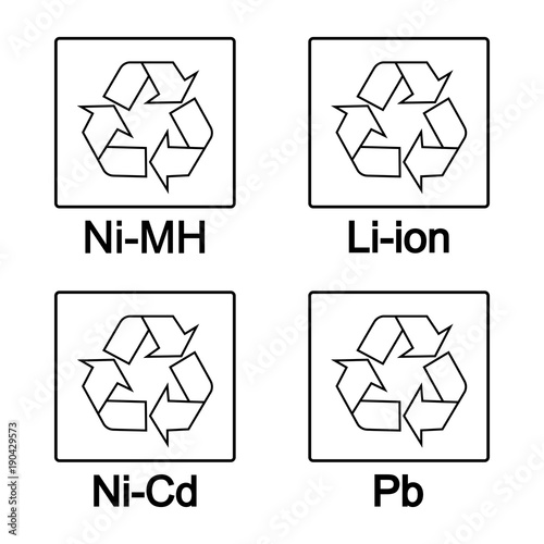 Battery recycling symbols, black on white background vector illustration. Sign.