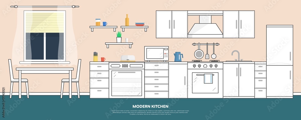 Kitchen with furniture. Kitchen interior with table, stove, cupboard, dishes and fridge. Flat style vector illustration.