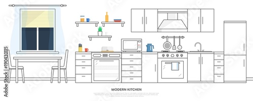 Kitchen with furniture. Kitchen interior with table, stove, cupboard, dishes and fridge. Flat style vector illustration.
