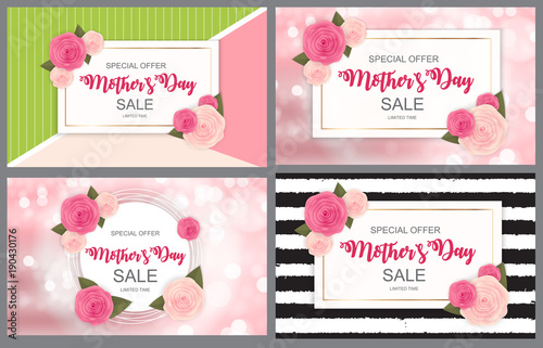 Cute Sale Background with Flowers. Collection Set of Cards.  Vector Illustration