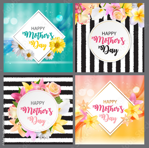 Happy Mother s Day Cute Background with Flowers Collection Set Cards. Vector Illustration