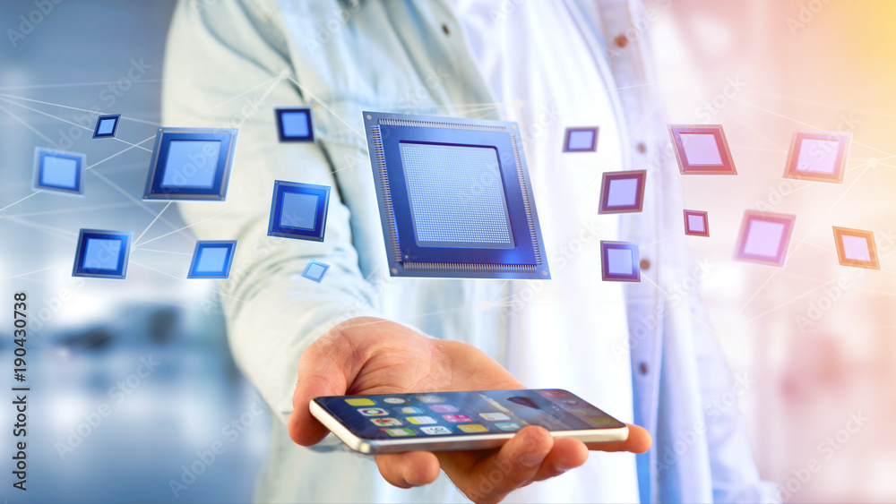 Businessman using a smartphone with a Processor chip and network connection - 3d render Businessman using a smartphone with a Processor chip and network connection - 3d render