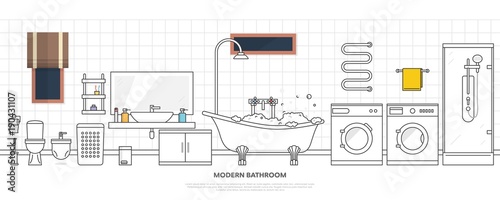 Modern bathroom interior with furniture in line style. Design modern bathroom, toothpaste and toothbrush, shower and bath, washing machine and dryer. Vector illustration