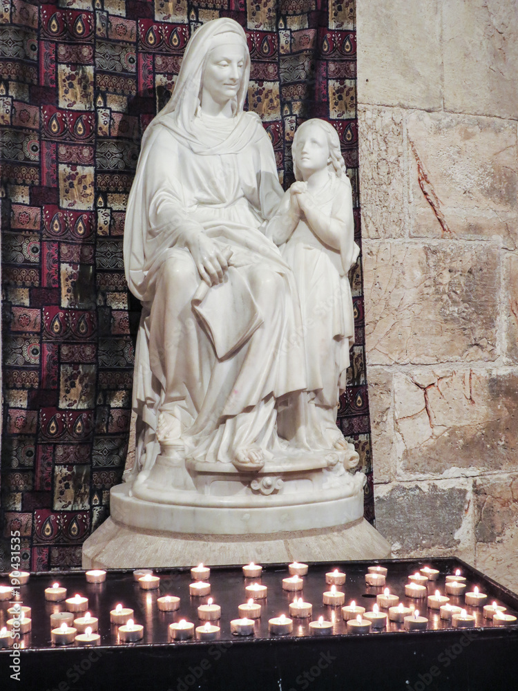 Jerusalem, Israel -  The marble statue of St. Anne with the Virgin Mary in St. Anne gothic church (first station of Via Dolorosa)