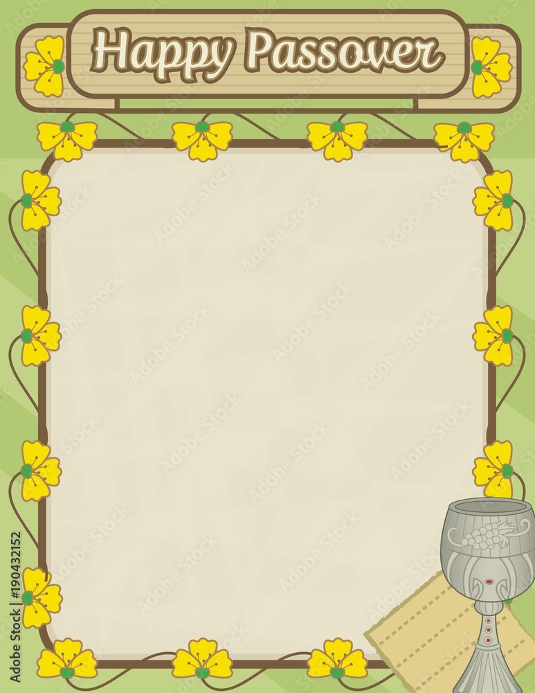 Obraz premium Passover Blank Note - Happy Passover decorative blank sign with flowers and Passover symbols. Eps10