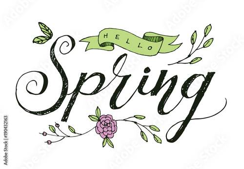 Hello Spring hand drawn calligraphy type design with hearts. EPS10 vector illustration.