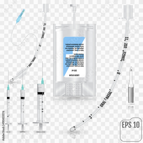 Realistic Intravenous fluid, syringe, test tubes, tracheal tube without cuff and endotracheal intubation tube with inflatable cuff on transparent background. Infusion system, ampoule. Vector