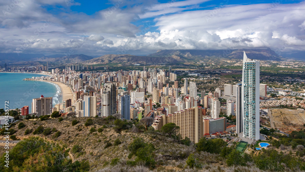 Panoramic view of north Benidorm with high buildings and sea