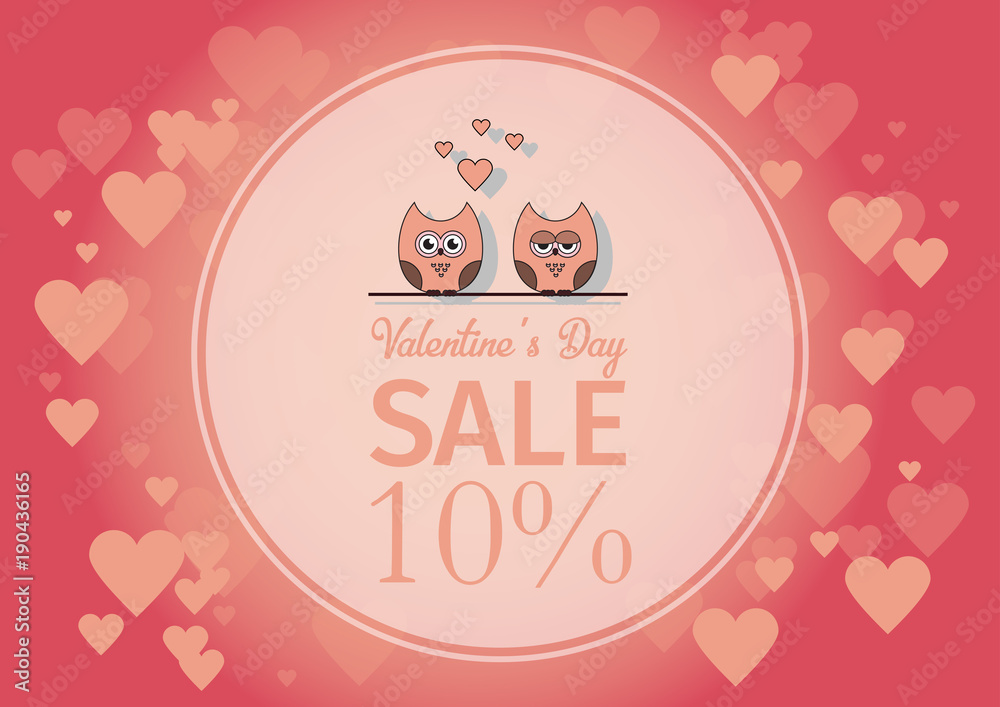 love Invitation card Valentine's day , paper cut mini heart, cut owls, loving owls, glare. Frame. Sale day. Vector illustration.